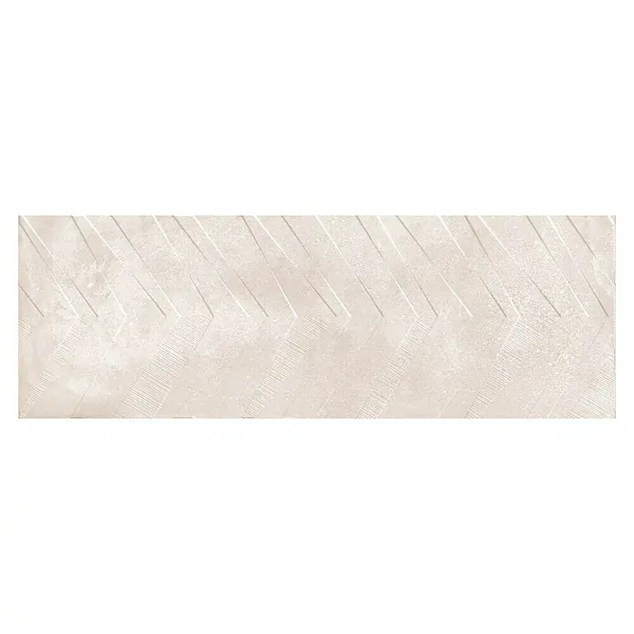 Revestimiento de pared Origin Arrow - 30 x 90 cm, Arena, Mate, Rectificado - Primer plano de una baldosa de pared de color claro con un diseño geométrico moderno, ideal para interiores elegantes.