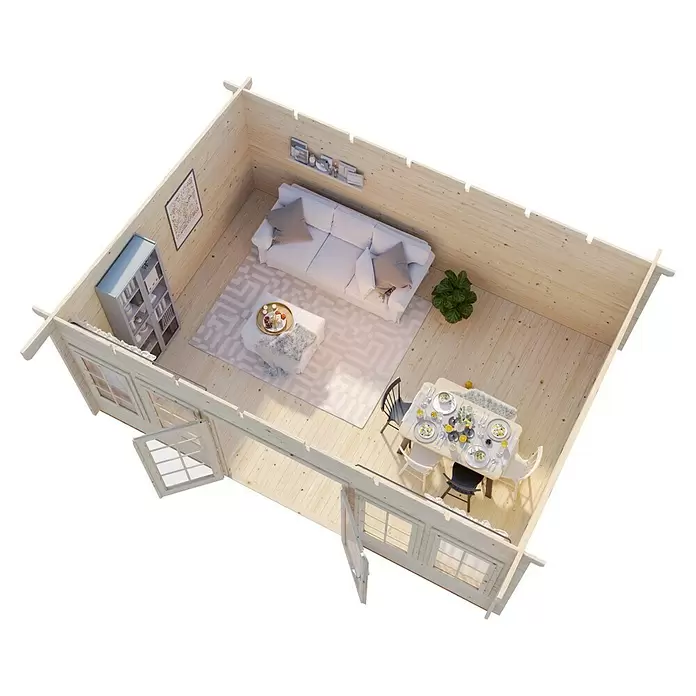 Palmako Caseta de jardín Lisa - Medidas ext. (An x Pr): 578 x 447 cm, Madera, Natural - Vista aérea del interior de una cabaña de madera clara, amueblada con sala de estar y comedor.