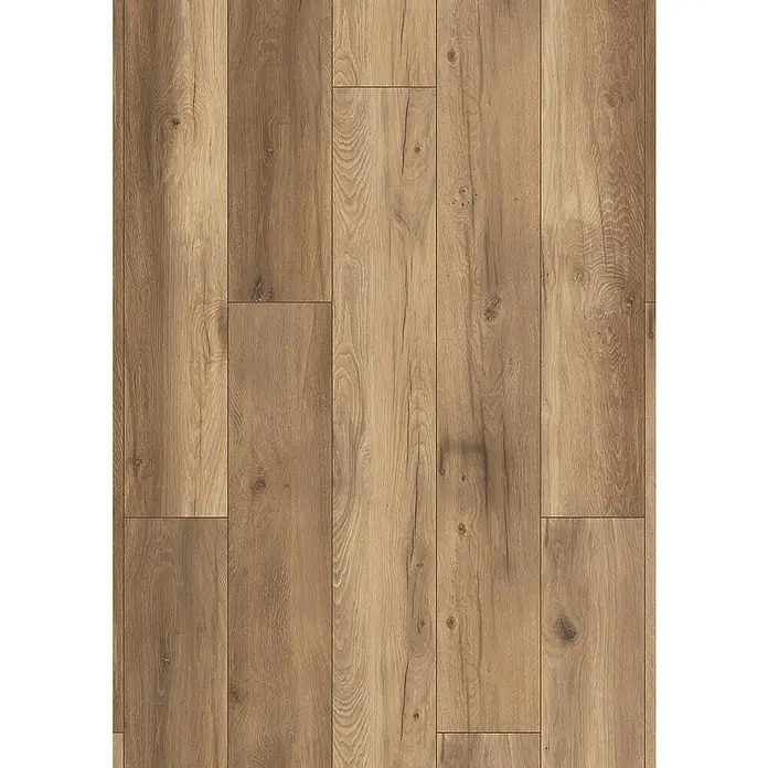 Krono Original Laminat Atlantic 8|33 - Wild West Oak, Landhausdiele, 1.288 x 195 x 8 mm - Ein nahtloses Muster von Holzdielen in warmen Farbtönen, ideal für moderne Bodenbeläge und Interieurdesigns mit rustikalem Flair.