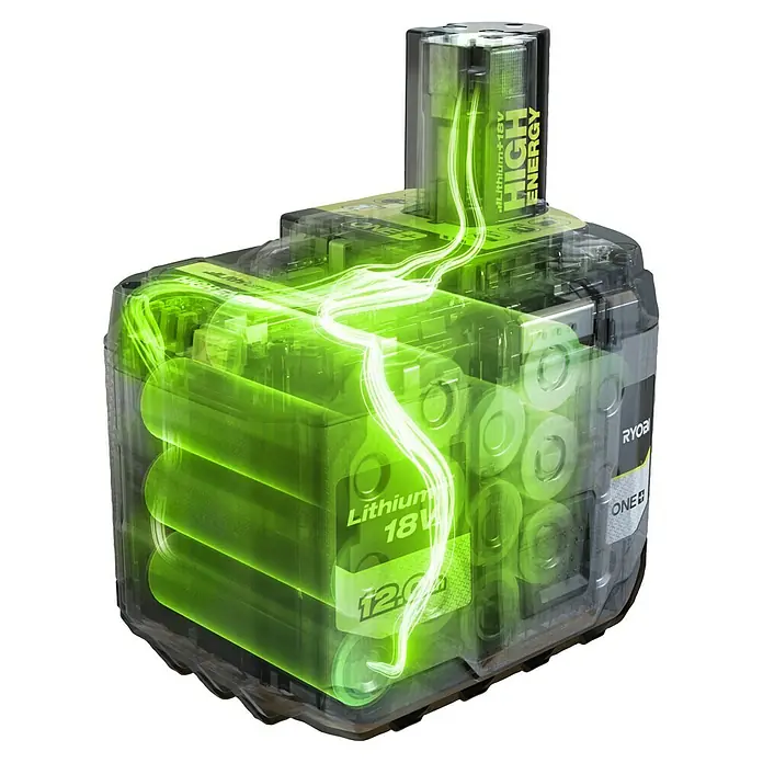Ryobi ONE+ Akku High Energy RB18120T - 18 V, 12 Ah - Darstellung eines Ryobi ONE+ 18V Lithium-Ionen Akkus mit hoher Energiedichte für Werkzeuge und Gartengeräte.