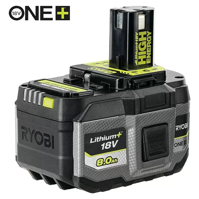 Ryobi ONE+ Akku High Energy RB1880T - 18 V, 8 Ah - Schwarze und graue Ryobi 18V Lithium+ 8.0Ah ONE+ HIGH ENERGY Batterie mit gelben Akzenten.