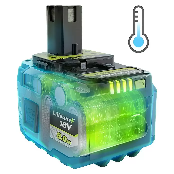 Ryobi ONE+ Akku High Energy RB1880T - 18 V, 8 Ah - Transparenter blauer Lithium-Ionen-Akku für Elektrowerkzeuge mit grün leuchtenden Zellen und Temperatur-Symbol, beschriftet 'Lithium+ 18V 8.0Ah'.