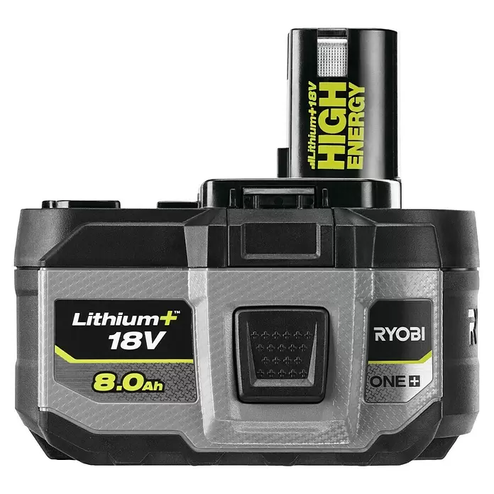 Ryobi ONE+ Akku High Energy RB1880T - 18 V, 8 Ah - Ryobi ONE+ 18V 8,0Ah Lithium+ High Energy Akku in schwarz-grauem Kunststoff mit gelber Schrift.