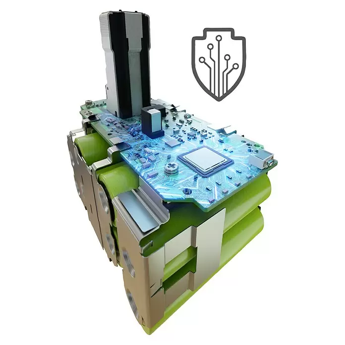 Ryobi ONE+ Akku High Energy RB1880T - 18 V, 8 Ah - Grüner Akkupack mit Metallverbindungen und einer blau beleuchteten Platine mit fortschrittlichem Steuerchip.