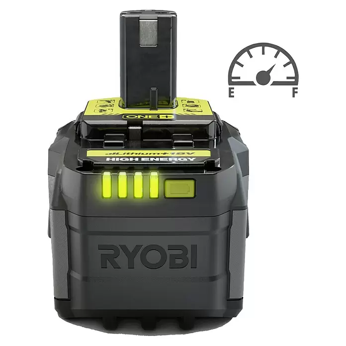 Ryobi ONE+ Akku High Energy RB1880T - 18 V, 8 Ah - Ryobi ONE+ 18V Lithium+ High Energy Akku, schwarz-gelb, mit allen vier grün leuchtenden Ladeanzeigen und einem vollen Tankanzeigesymbol.