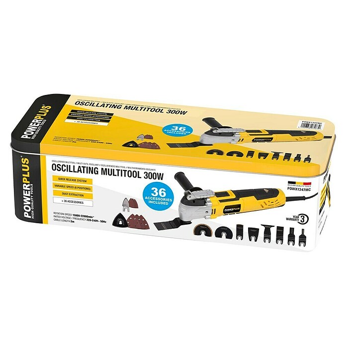 PowerPlus Multiherramienta POWX1347MC + 36 accesorios (300 W, Número de oscilaciones marcha en vacío: 44.000 /min) | BAUHAUS