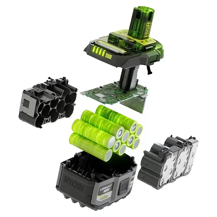 Ryobi ONE+ Akku High Energy RB1880T - 18 V, 8 Ah - Explosionszeichnung eines Ryobi 18V Lithium+ 8.0Ah Akkus und Ladegeräts, zeigt grüne Zellen, schwarzes Gehäuse und Platine.
