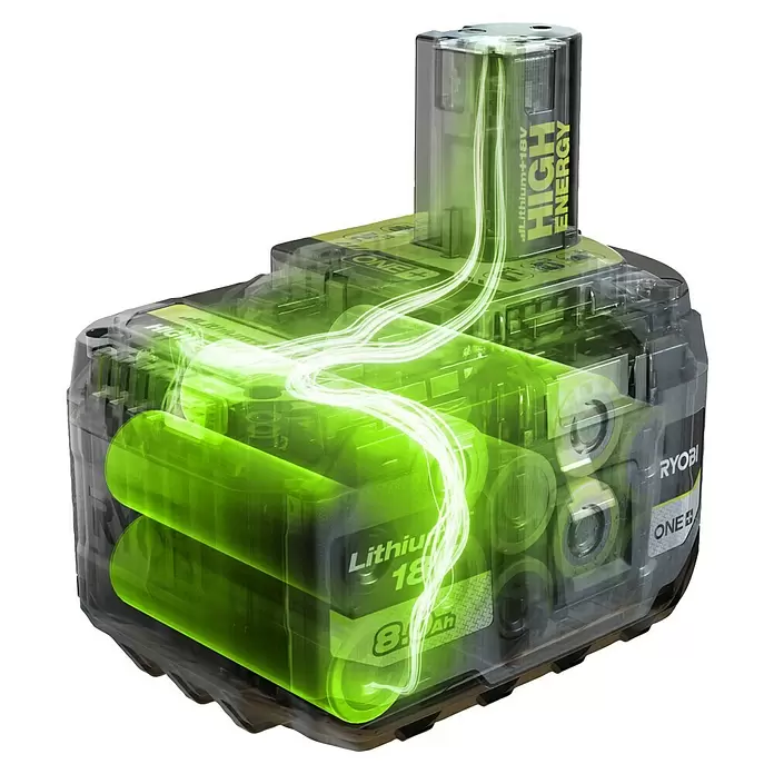 Ryobi ONE+ Akku High Energy RB1880T - 18 V, 8 Ah - Transparenter Ryobi 18V 8.0 Ah Lithium-Ionen-Akku mit grünen Zellen und leuchtender Energie im Inneren.