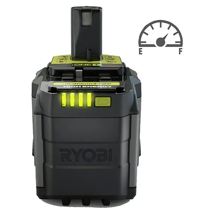 Ryobi ONE+ Akku High Energy RB18120T - 18 V, 12 Ah - Das Bild zeigt einen Ryobi ONE+ 18V Lithium-Ionen Akku mit "High Energy"-Aufschrift und Ladestandsanzeige, ideal für kabellose Werkzeuge.