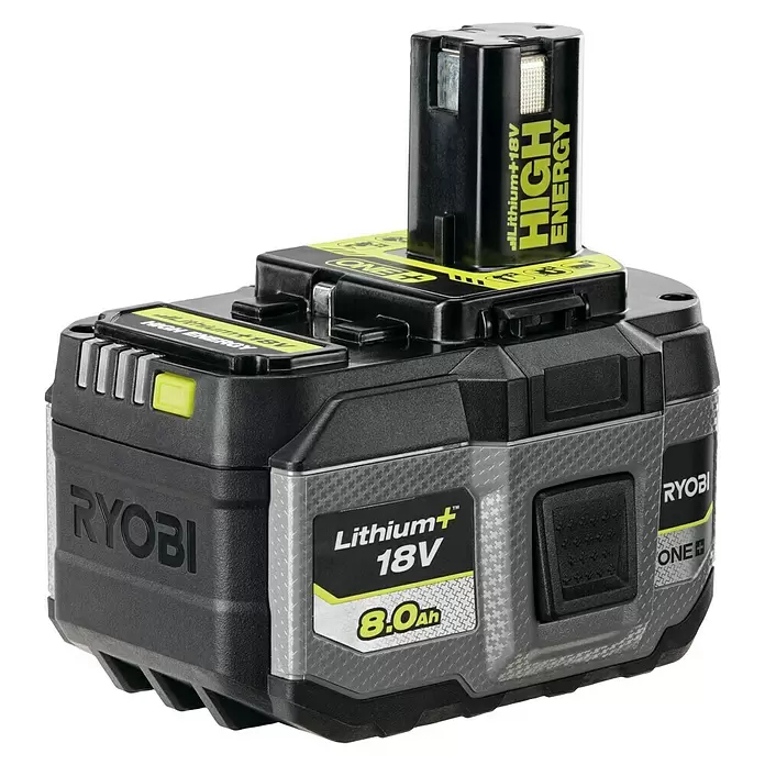 Ryobi ONE+ Akku High Energy RB1880T - 18 V, 8 Ah - Ryobi Lithium+ 18V 8.0Ah High Energy Akku, schwarz-grau mit gelber Beschriftung.