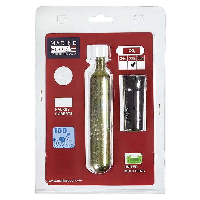 Marinepool Austausch-Set UML MK5 Automatik 33 g - Passend für: 150N Rettungswesten - Eine Marine Pool CO2-Ersatzpatrone mit 33g in einer transparenten Blisterpackung mit rotem Hintergrund.