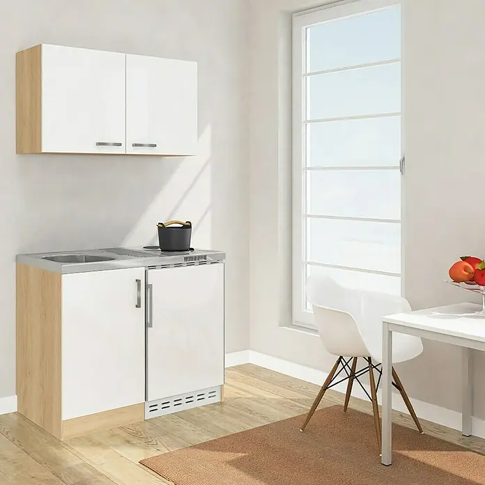 Respekta Minicocina Levin - Ancho: 100 cm, Blanco, Con placa de cocina doble, Con armario superior - Una cocina americana con fregadero, estufa y armarios ofrece un gran almacenamiento y espacio de trabajo en un diseño compacto.