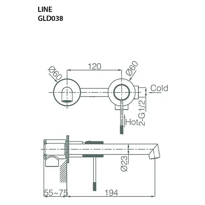 Imex Line Grifo de lavabo empotrado - Níquel - Dibujo técnico de un accesorio LINE GLD038 con información dimensional sobre el diámetro, la longitud y la altura de los componentes.