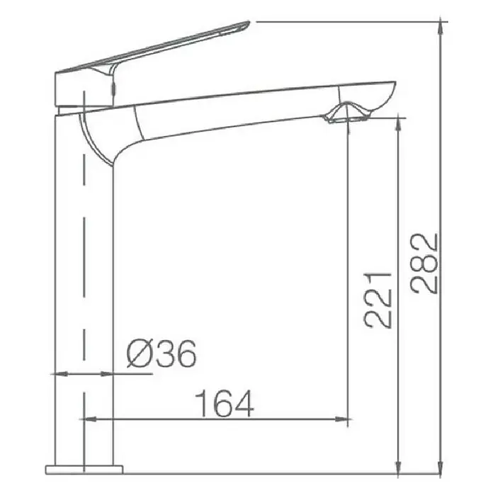 Imex Luxor Grifo de lavabo alto - Blanco - Dibujo técnico de un elegante grifo con medidas precisas para la instalación y el diseño, diámetro 36, altura 282.