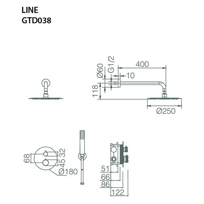 Imex Line Sistema de ducha empotrado - Negro, Equipamiento del grifo: Termostato - Dibujo técnico del sistema de ducha LINE GTD038 con dimensiones y detalles para la ducha fija, la ducha de mano y los accesorios.