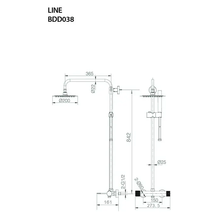 Imex Line Sistema de ducha - Con grifo monomando, Negro - Dibujo técnico del grifo de ducha LINE BDD038 con dimensiones para la instalación y el diseño.