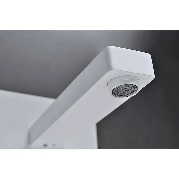 Imex Grifo de lavabo Suiza - Blanco - Primer plano de un grifo blanco moderno con un aireador gris, que muestra su diseño minimalista y su construcción de alta calidad.
