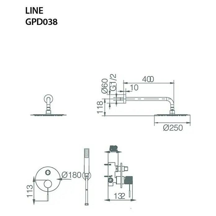 Imex Line Sistema de ducha empotrado - Gris Champagne - Dibujo técnico del sistema de ducha LINE GPD038, mostrando dimensiones detalladas y especificaciones del producto.