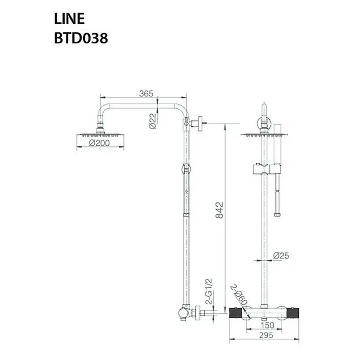 Imex Line Sistema de ducha / bañera - Con grifo termostático, Distancia entre orificios: 15 cm, Número de tipos de chorro: 1 ud., Negro - Dibujo técnico del sistema de ducha LINE BTD038 con dimensiones para la ducha superior, brazo y montaje.