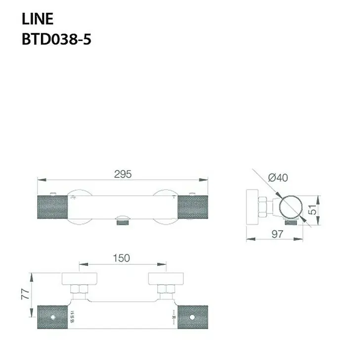 Imex Line Grifo con termostato - Ancho: 29,5 cm, Níquel - Diagrama del producto BTD038-5 LINE que muestra sus dimensiones, ofreciendo una vista detallada para la instalación.