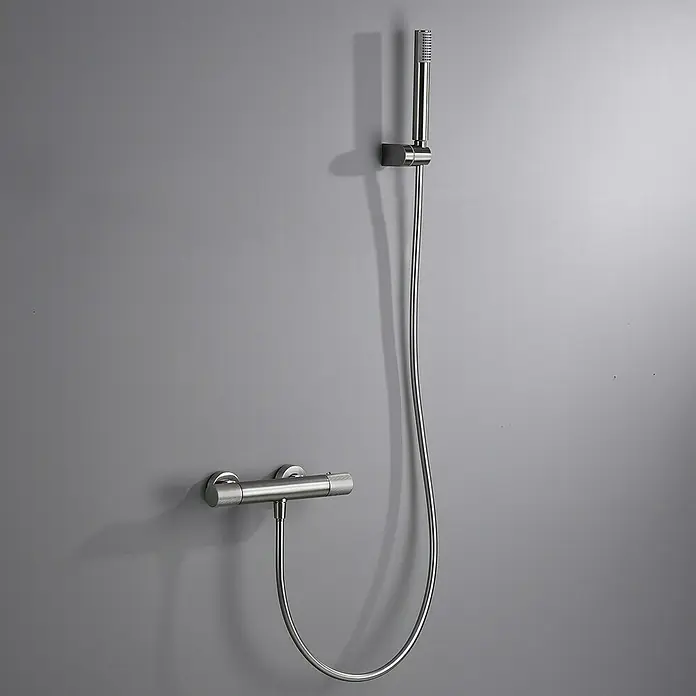 Imex Line Grifo con termostato - Ancho: 29,5 cm, Níquel - Elegante conjunto de ducha plateado con rociador de mano y válvula termostática para un baño moderno.