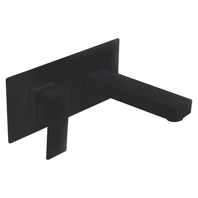 Imex Grifo de lavabo Suiza - Nero - Grifo negro de pared con placa rectangular y caño, un diseño minimalista para baños modernos y elegantes.