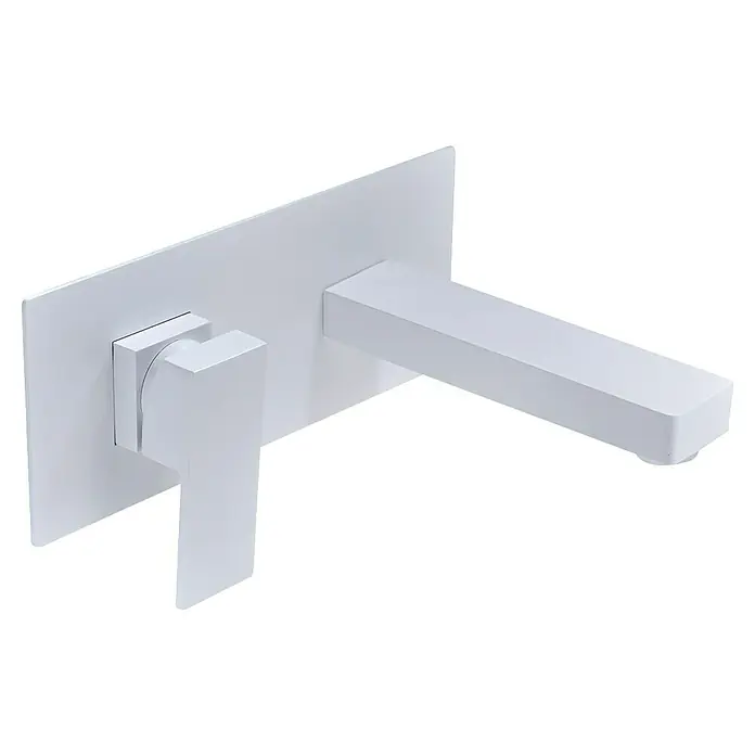 Imex Grifo de lavabo Suiza - Blanco - Primer plano de un elegante grifo de pared blanco, que combina diseño moderno y funcionalidad para baños y cocinas.