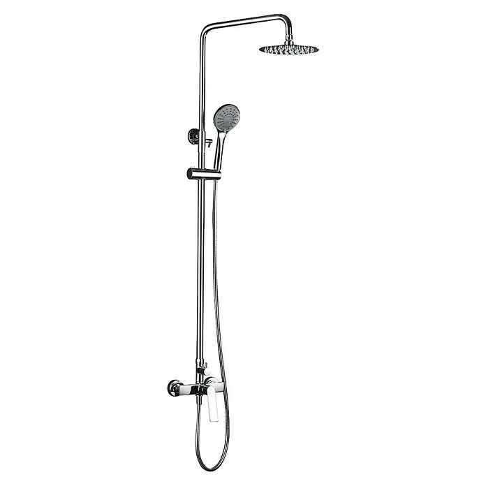 Imex Luxor Sistema de ducha - Con grifo monomando, Cromo - La imagen muestra un conjunto de ducha cromado con ducha de cabeza y de mano, así como un grifo. Diseño elegante para un baño moderno.