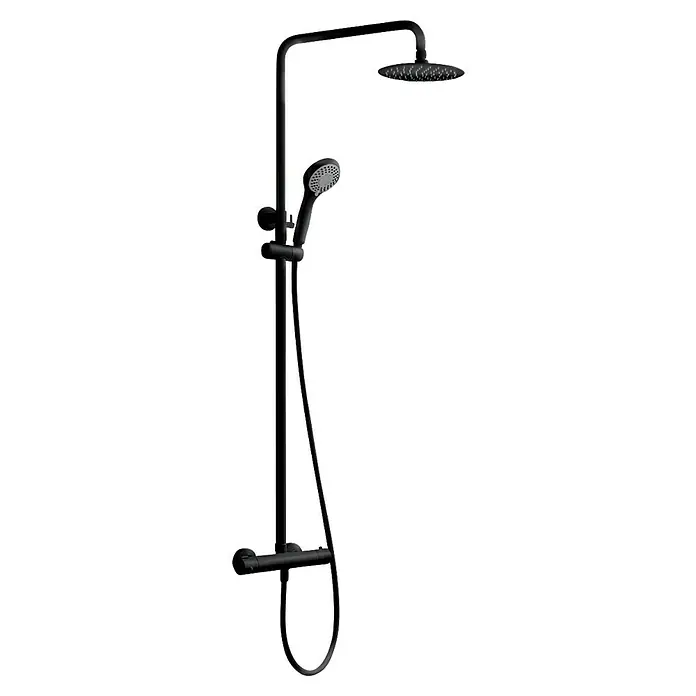Imex Sistema de ducha Kent - Con grifo termostático, Negro - En la imagen se muestra un sistema de ducha negro con cabezal de lluvia y ducha de mano. El diseño moderno lo convierte en atractivo en el baño.