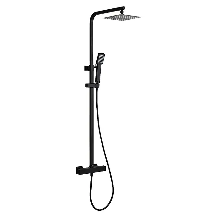 Imex Sistema de ducha Vigo - Con grifo termostático, Negro - Una elegante columna de ducha negra con rociador y ducha de mano. Su diseño elegante se integra perfectamente en cualquier baño moderno.