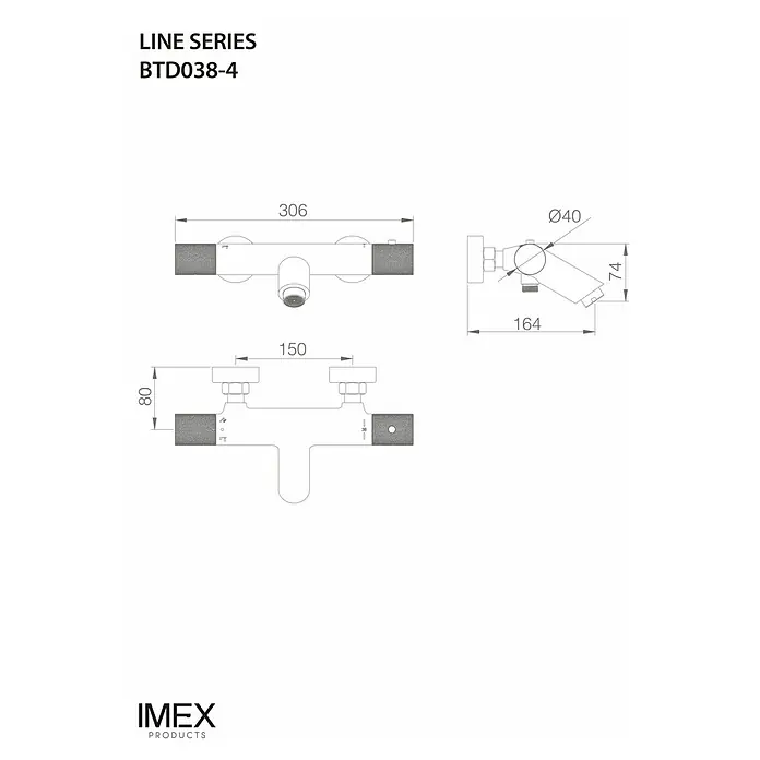 Imex Line Grifo termostático de bañera - Negro - Dibujo técnico del mezclador de ducha IMEX LINE SERIES BTD038-4, que detalla las dimensiones y las especificaciones del producto para la instalación.