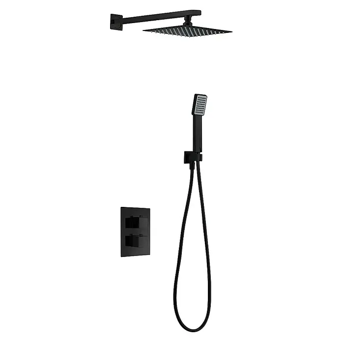 Imex Sistema de ducha empotrado Cies - Con grifo termostático, Negro - Conjunto de ducha negro con rociador, teleducha y válvula de control, ideal para diseños de baño modernos.
