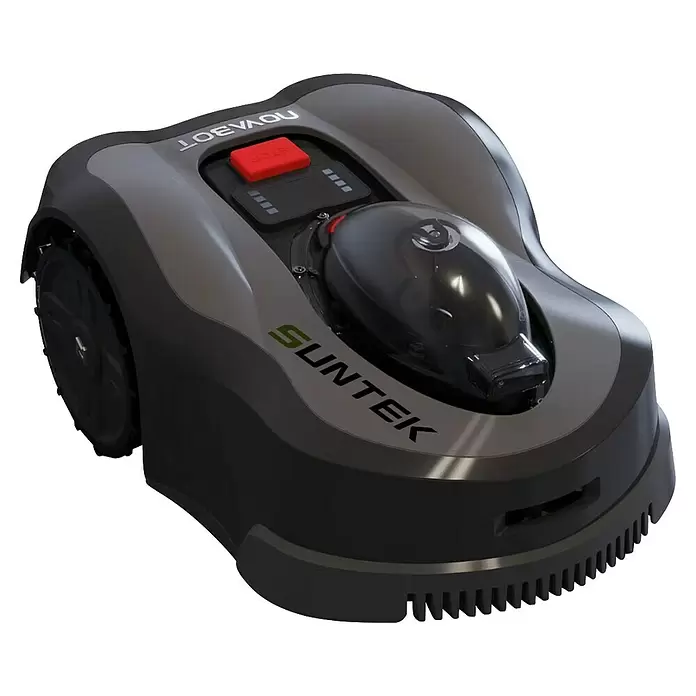 Suntek Mähroboter SRM4300 Novabot - 3.000 m², Schnittbreite: 22 cm, Satellitengestützte Navigation, RTK - Ein eleganter, dunkelgrau-hellgrauer Mähroboter mit klarer Kuppel, rotem STOP-Knopf und grünem SUNTEK-Logo.
