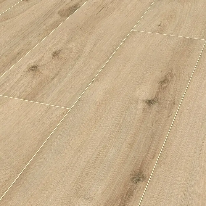 MyStyle MyArt Laminat - Desperado Oak, Landhausdiele, 2.003 x 245 x 12 mm - Nahaufnahme von hellen Laminatböden mit feinen Maserungen, die ein warmes, einladendes Ambiente erzeugen. Perfekt für moderne Wohnräume.