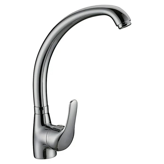 Grifo de cocina vertical Norma - Cromo, Brillante - Moderno grifo de cocina cromado con caño curvo y mezclador monomando para una funcionalidad elegante.