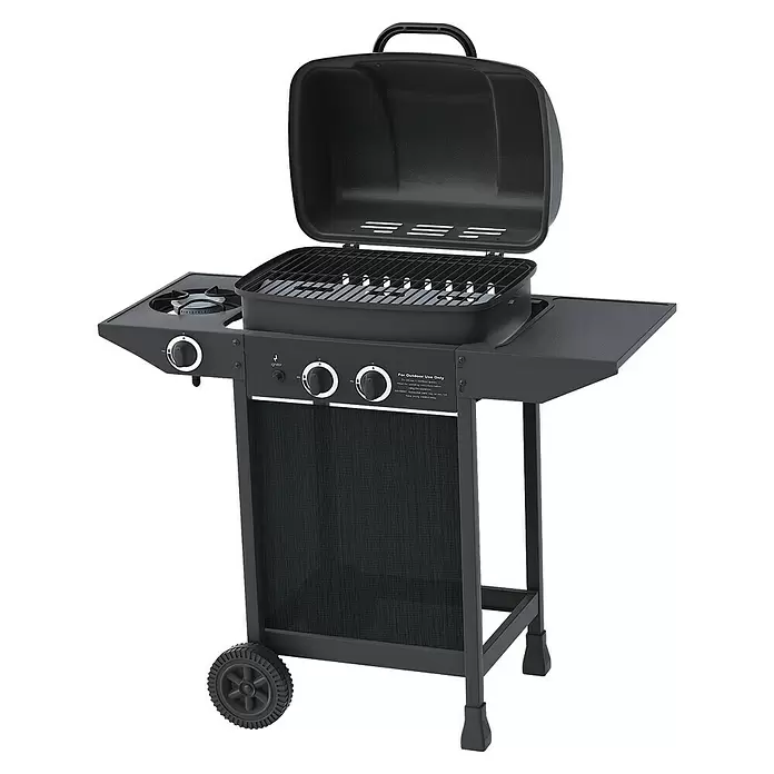 Gasgrill - Grillfläche (B x T): 45 x 34 cm, 4,7 kW, Anzahl Brenner: 2 Stk. - Schwarzer Gasgrill mit offenem Deckel, Seitenbrenner, Bedienknöpfen und Rollen für Mobilität.