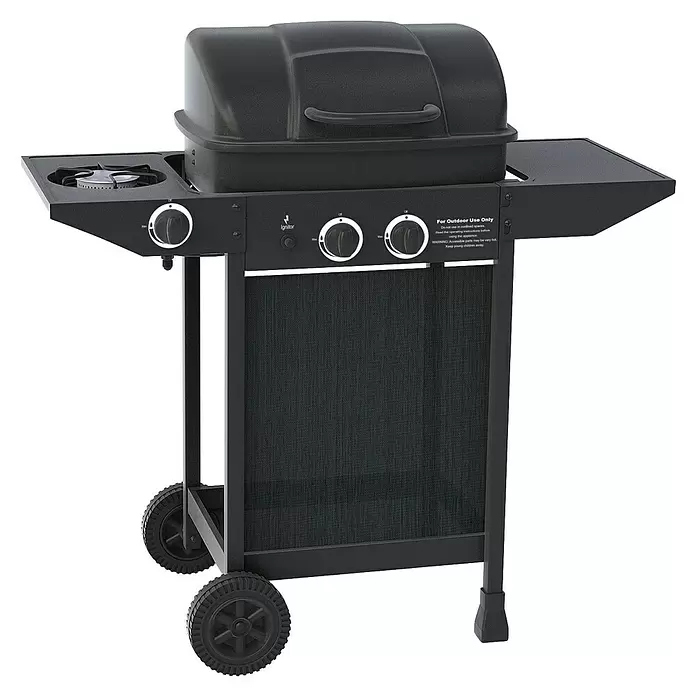 Gasgrill - Grillfläche (B x T): 45 x 34 cm, 4,7 kW, Anzahl Brenner: 2 Stk. - Schwarzer Outdoor-Gasgrill mit Seitenbrenner, Bedienknöpfen und Rädern.