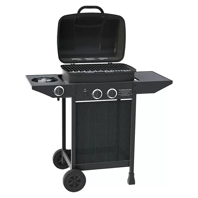 Gasgrill - Grillfläche (B x T): 45 x 34 cm, 4,7 kW, Anzahl Brenner: 2 Stk. - Schwarzer Gasgrill aus Metall mit offenem Deckel, Seitenbrenner, drei Bedienknöpfen und zwei Rädern für den Außenbereich.