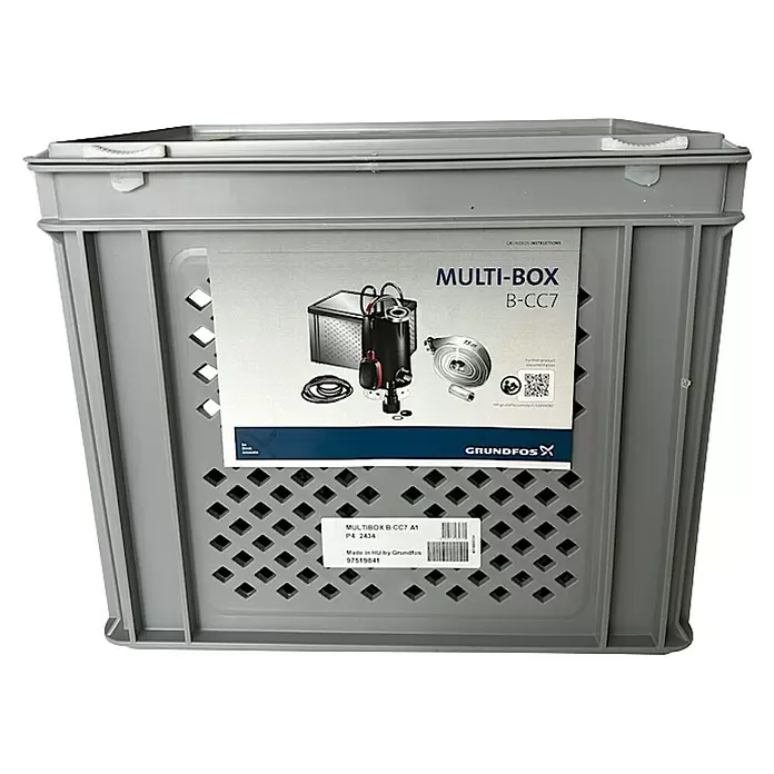 Kellerentwässerungs-Set - Max. Fördermenge: 10.008 l/h - Graue Kunststoffkiste mit Grundfos MULTI-BOX B-CC7 Kit-Etikett, das eine Tauchpumpe und Zubehör zeigt.