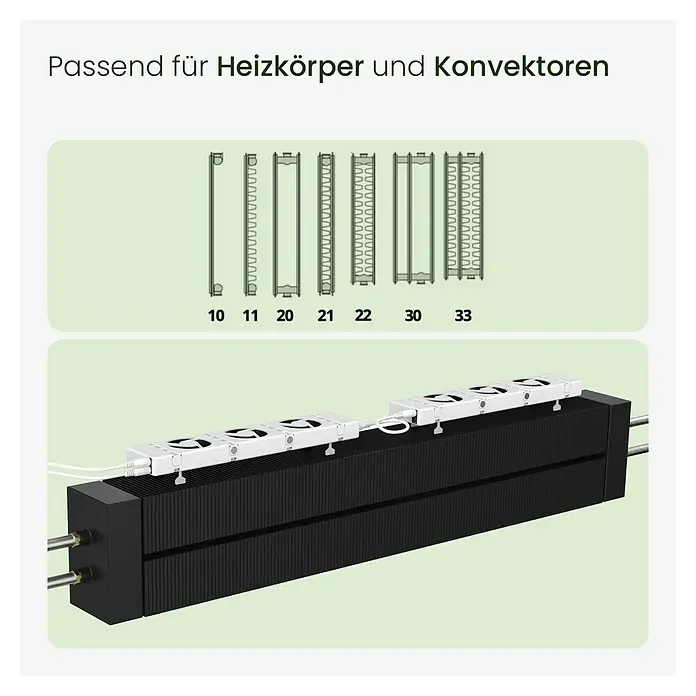 SpeedComfort Heizkörperventilator Duo-Set - L x H: 34 x 2,5 cm, Weiß, 2 Stk. - Das Bild zeigt ein Heizkörper- und Konvektoren-Set mit verschiedenen Montageoptionen für optimierte Wärmeableitung.