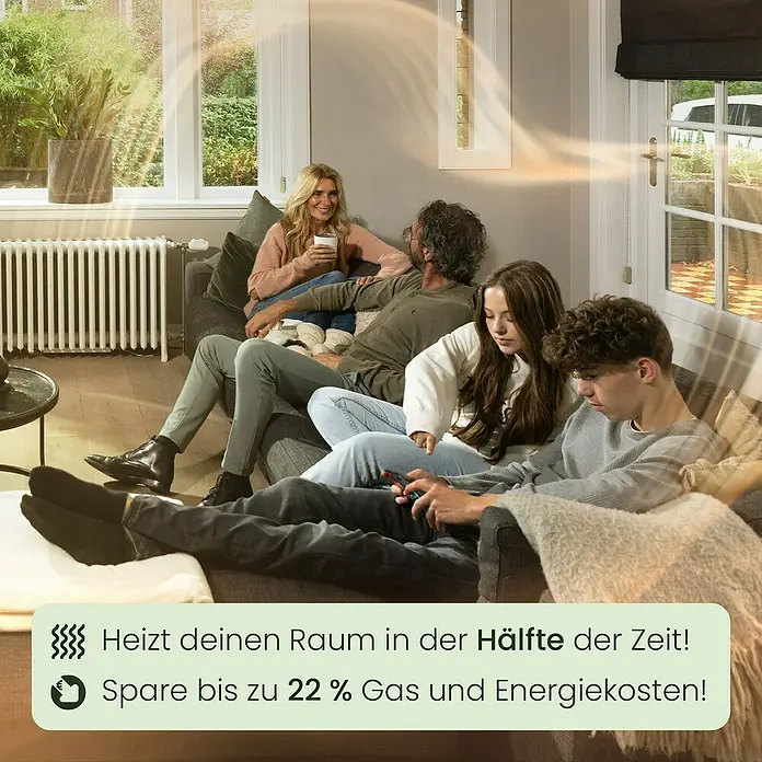 SpeedComfort Heizkörperventilator Duo-Set - L x H: 34 x 2,5 cm, Weiß, 2 Stk. - Familie entspannt im Wohnzimmer, während ein Heizelement den Raum schnell erwärmt und Energiekosten senkt.