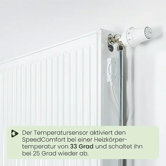 SpeedComfort Heizkörperventilator Duo-Set - L x H: 34 x 2,5 cm, Weiß, 2 Stk. - Heizkörper mit Temperaturregler und Sensor. Der Temperatursensor aktiviert den SpeedComfort bei 33 Grad und deaktiviert ihn bei 25 Grad.