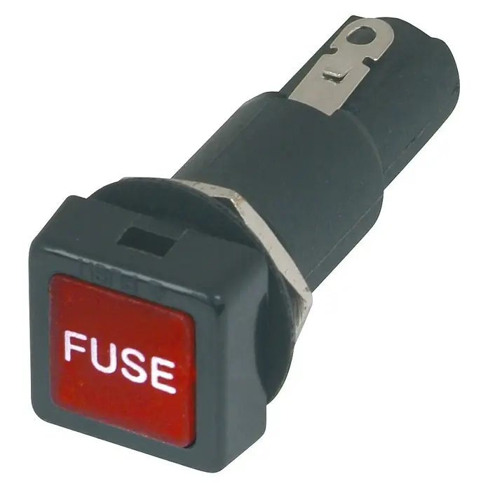 Talamex Sicherungshalter - Geeignet für: Glassicherungen 30 mm bis max. 15 A, 12 V - Nahaufnahme einer schwarzen Sicherungshalterung mit roter "FUSE"-Anzeige und Metallanschluss.