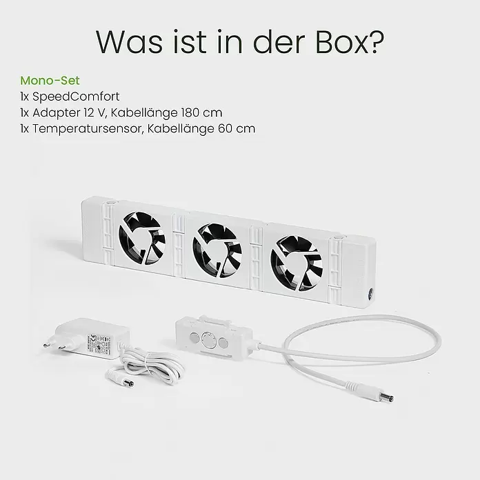 SpeedComfort Heizkörperventilator Mono-Set - L x H: 34 x 2,5 cm, Weiß, 1 Stk. - Weißes SpeedComfort Mono-Set mit drei Lüftern, Netzteil, Steuerung und Temperatursensor.