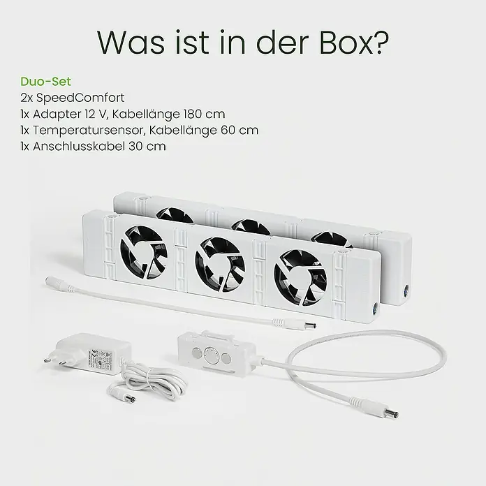 SpeedComfort Heizkörperventilator Duo-Set - L x H: 34 x 2,5 cm, Weiß, 2 Stk. - Produktbild eines Duo-Sets mit zwei SpeedComfort-Ventilatoren, einem Adapter, einem Temperatursensor und einem Anschlusskabel.