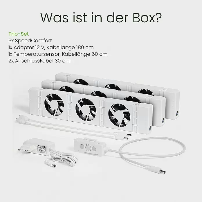 SpeedComfort Heizkörperventilator Trio-Set - L x H: 34 x 2,5 cm, Weiß, 3 Stk. - Drei weiße SpeedComfort-Lüfter, Netzteil, Temperatursensor und Anschlusskabel für ein Belüftungssystem.