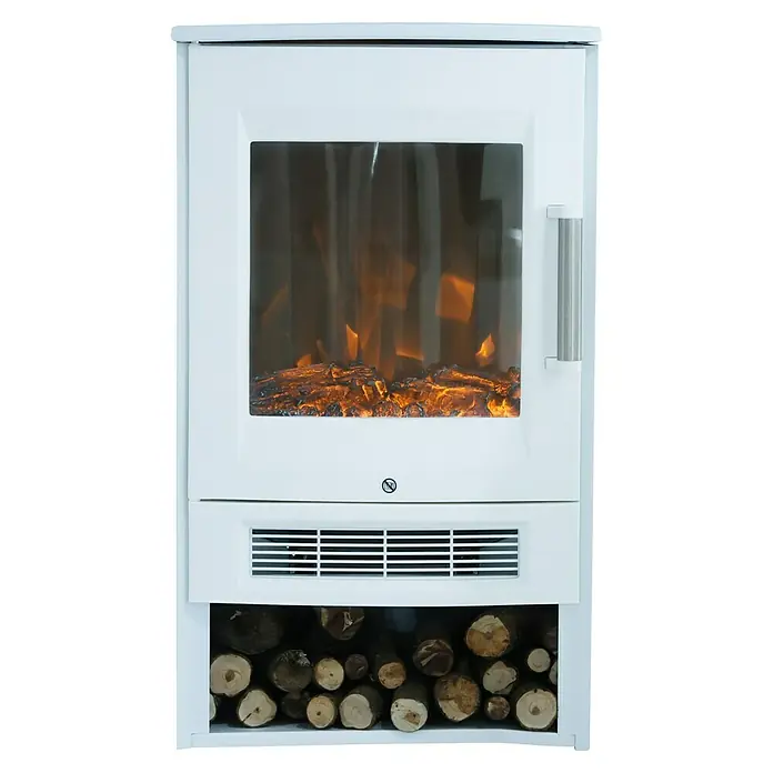 Voltomat HEATING Elektrischer Kamin - 1.800 W, Weiß, 34,5 x 44 x 74,5 cm - Detailaufnahme eines weißen Kaminofens mit simulierten Flammen, Heizlüfter und Holzscheitfach.