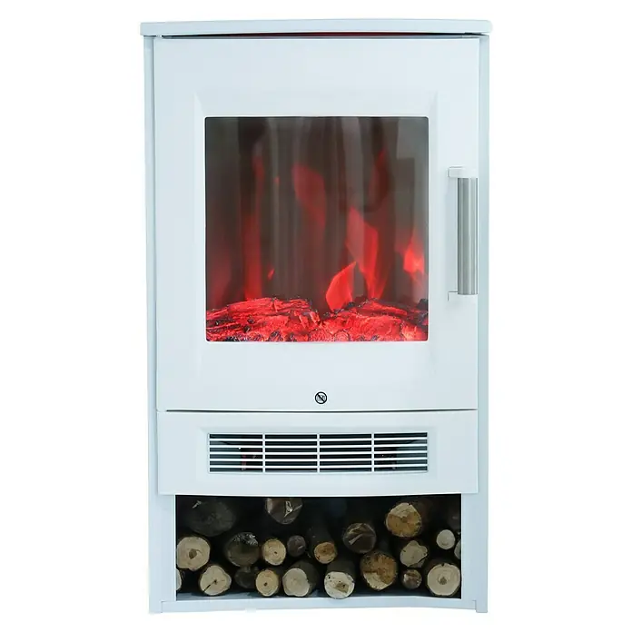 Voltomat HEATING Elektrischer Kamin - 1.800 W, Weiß, 34,5 x 44 x 74,5 cm - Nahaufnahme eines weißen Elektrokamins mit simulierten Flammen, Heizlüfter und Holzscheitlagerung. Dekorative und funktionale Raumheizung.