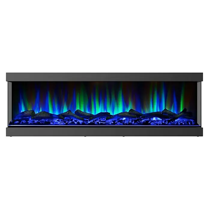 Voltomat HEATING Chimenea eléctrica de pie o mural - Negro, 900 W - 1.800 W, 14,5 x 107 x 39,5 cm - Primer plano de una chimenea eléctrica moderna con llamas azules y verdes y troncos decorativos.