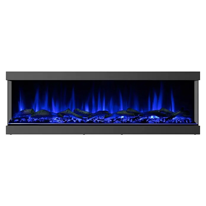Voltomat HEATING Chimenea eléctrica de pie o mural - Negro, 900 W - 1.800 W, 14,5 x 107 x 39,5 cm - Primer plano de una chimenea eléctrica con llamas azules simuladas y troncos decorativos, enmarcada en un marco negro moderno.
